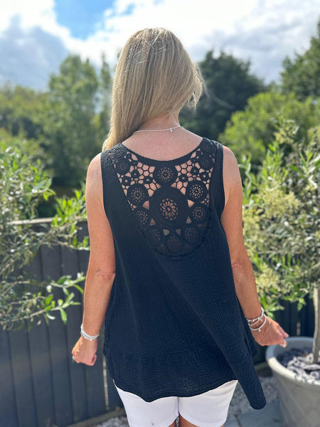 Black Bubble Cotton Crochet Detail Vest Top Tilly Tilletts