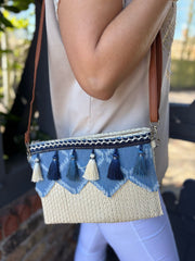 Natural Distressed Denim Tassel Clutch Bag