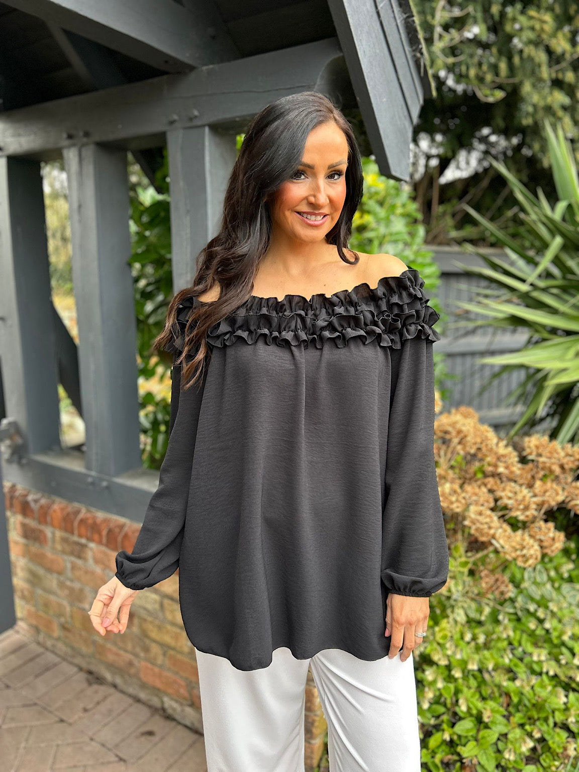 Black ruffle 2024 bardot top