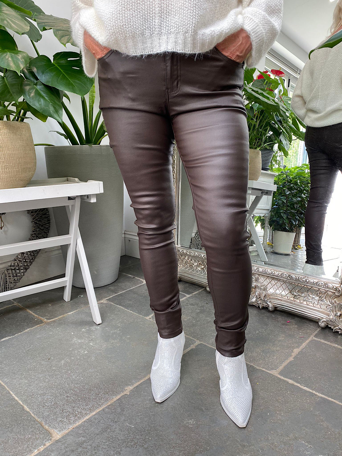 Dark Chocolate Button Up Faux Leather Skinny Pants