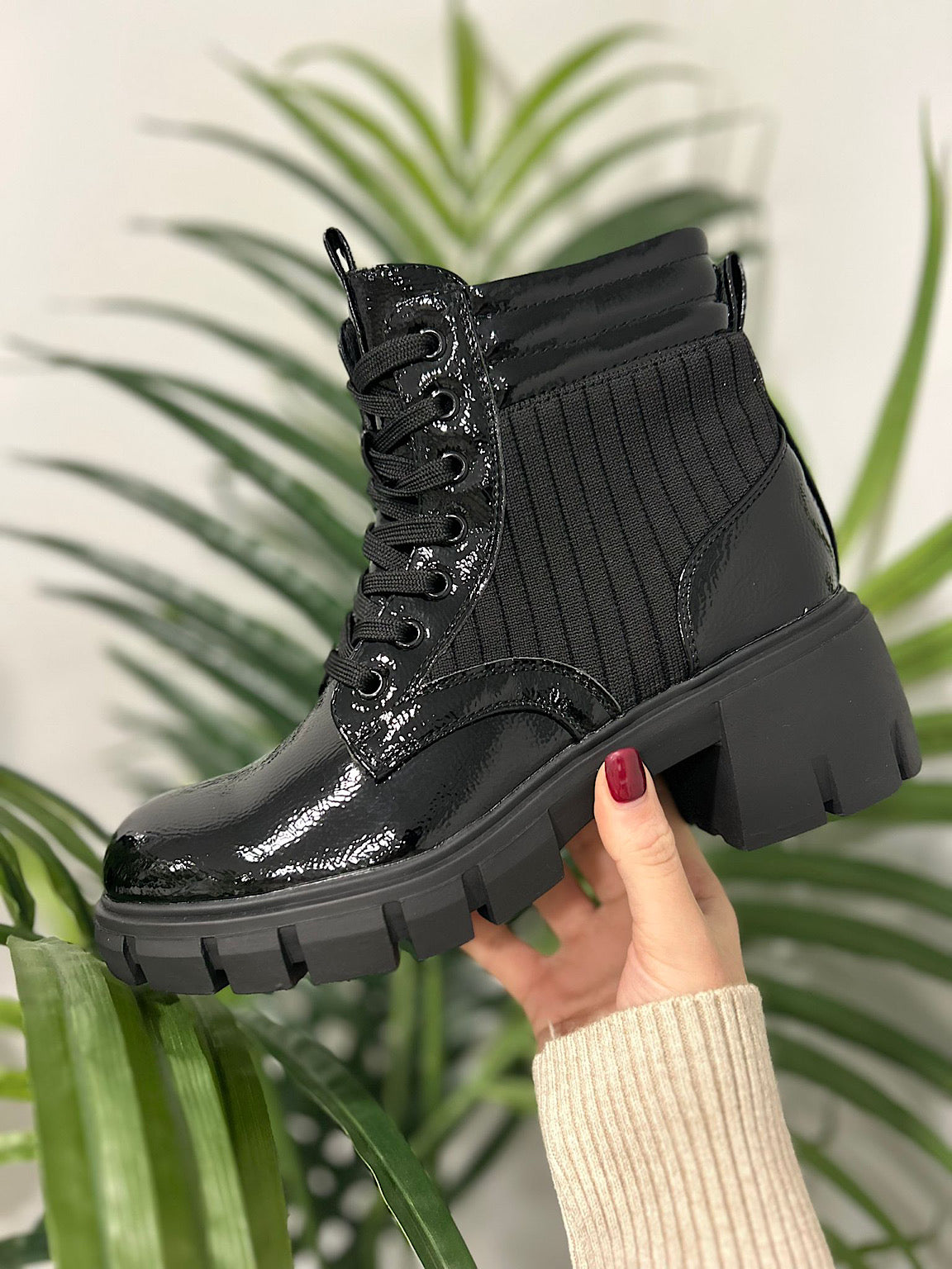 Black Ribbed Patent Lace Up Boots