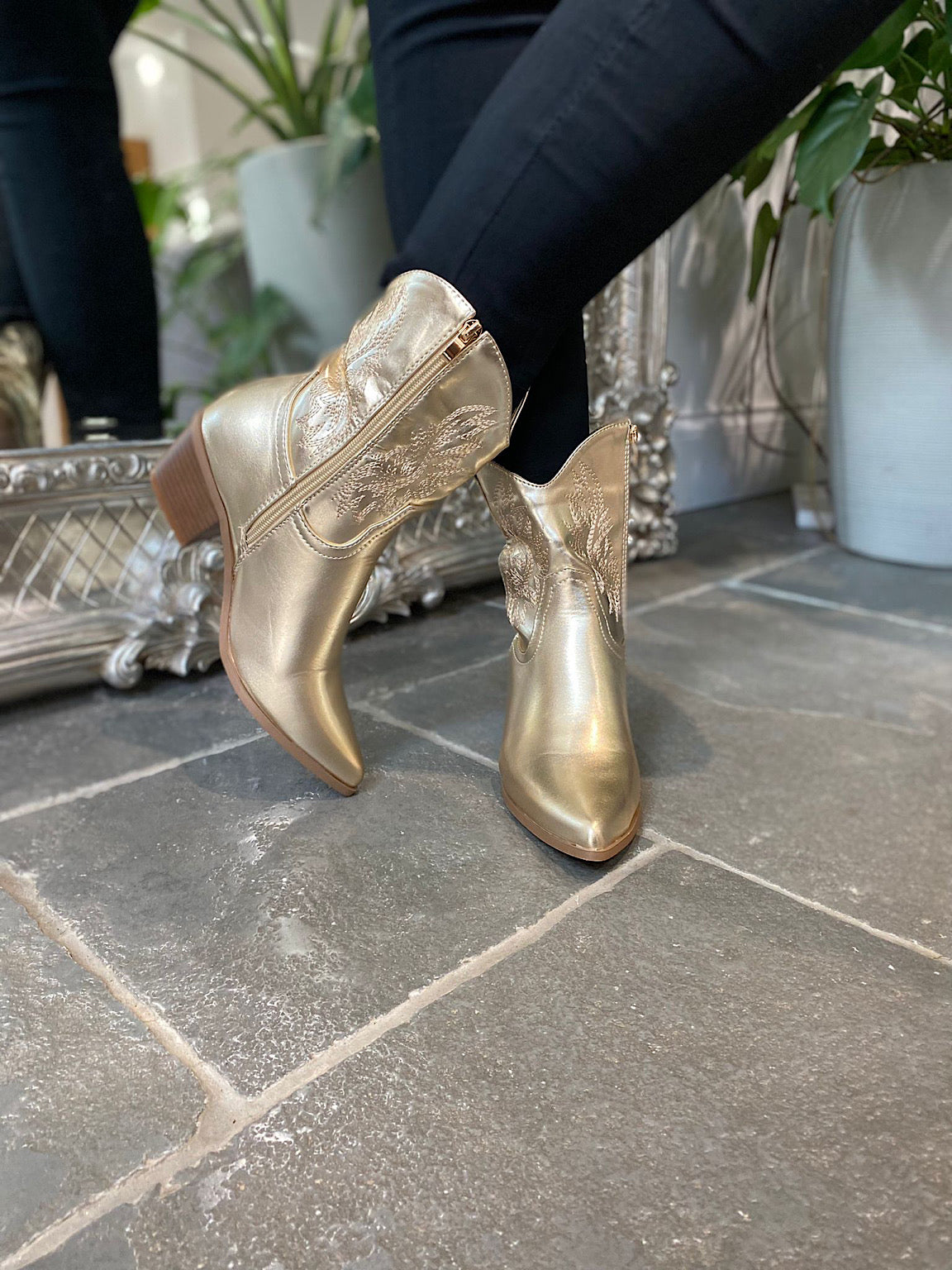 Gold Pointed Toe Western Boots