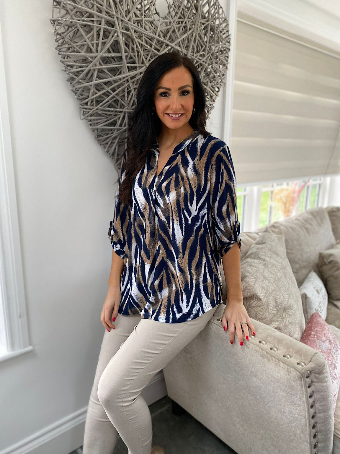 navy animal print blouse