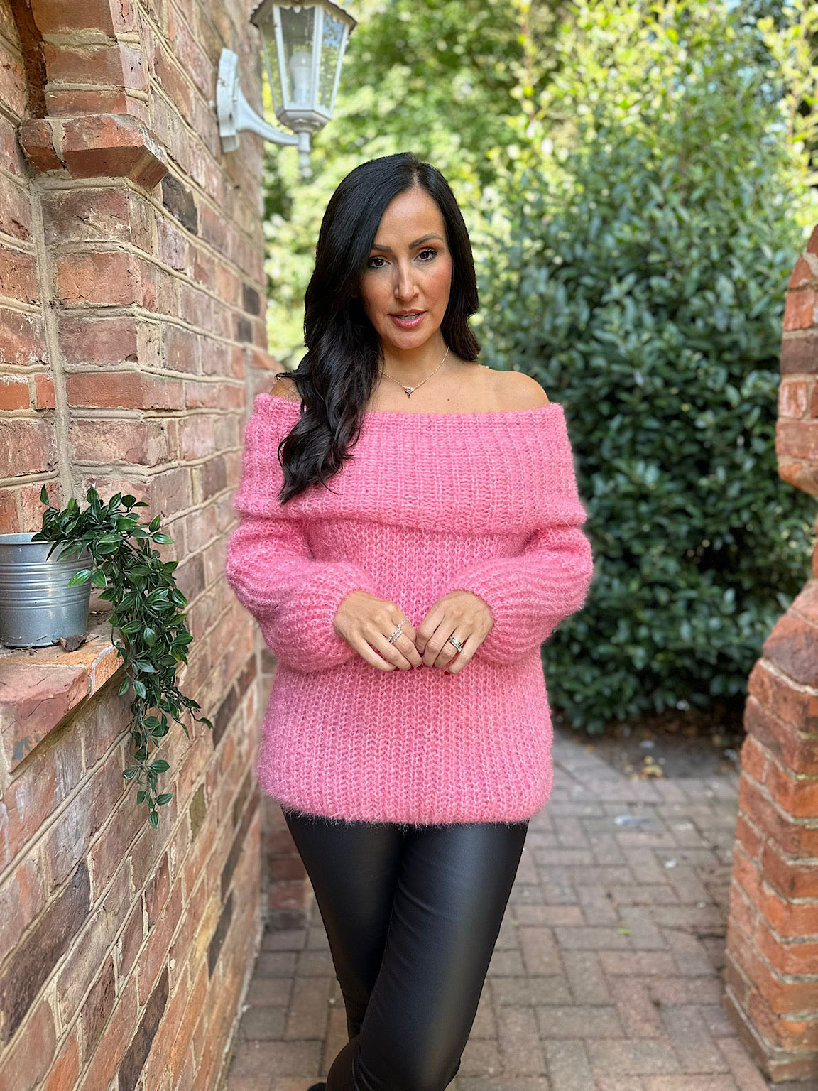 Pink sweater off shoulder best sale