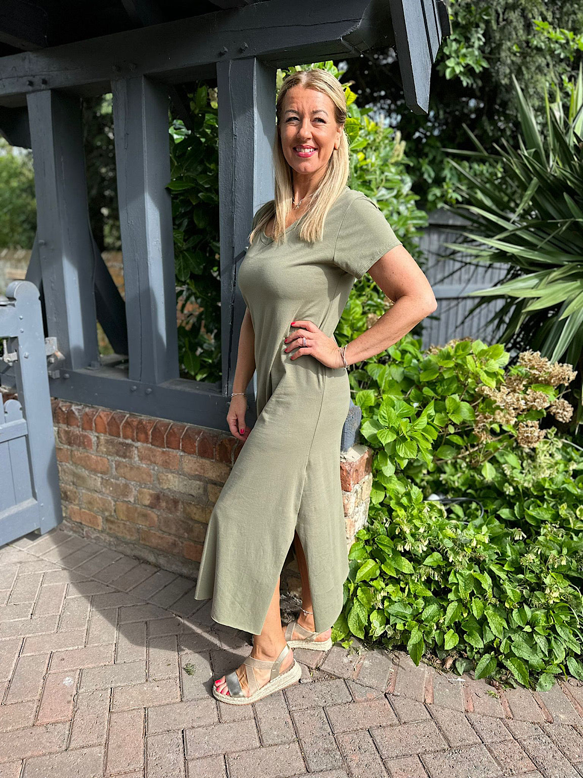 Khaki V Neck Longline T Shirt Dress Jess Tillett s