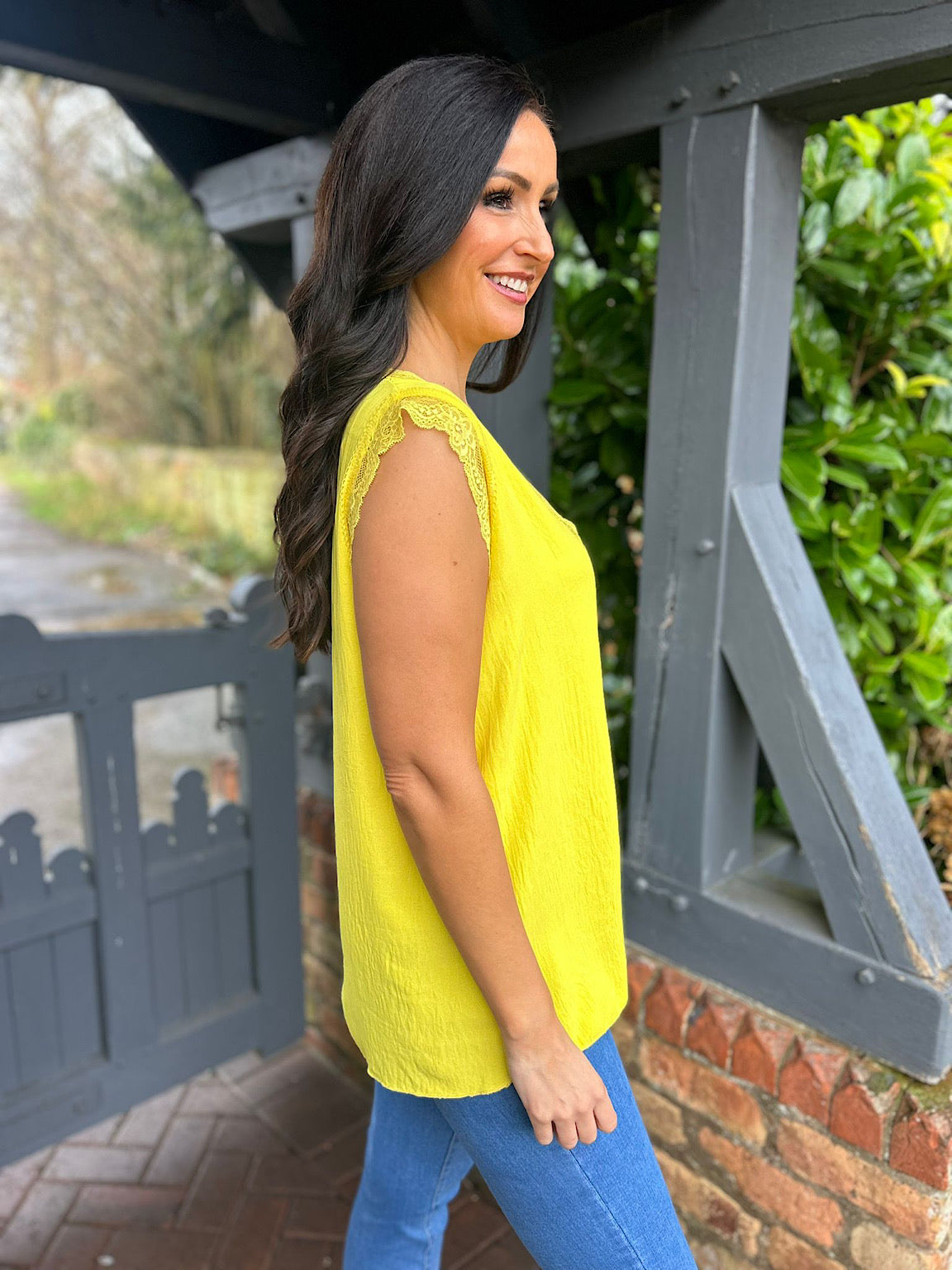 Yellow V Neck Lace Trim Top Brianna – Tillett's