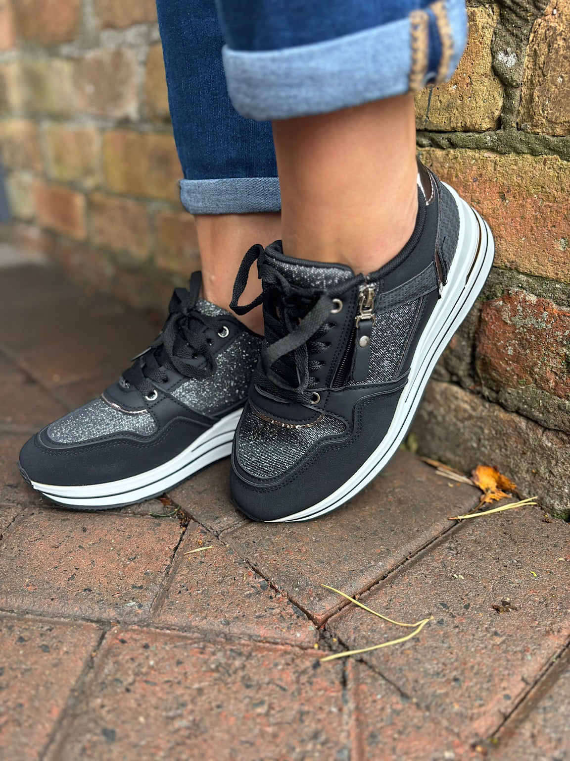 Black Metallic Zip Detail Trainers