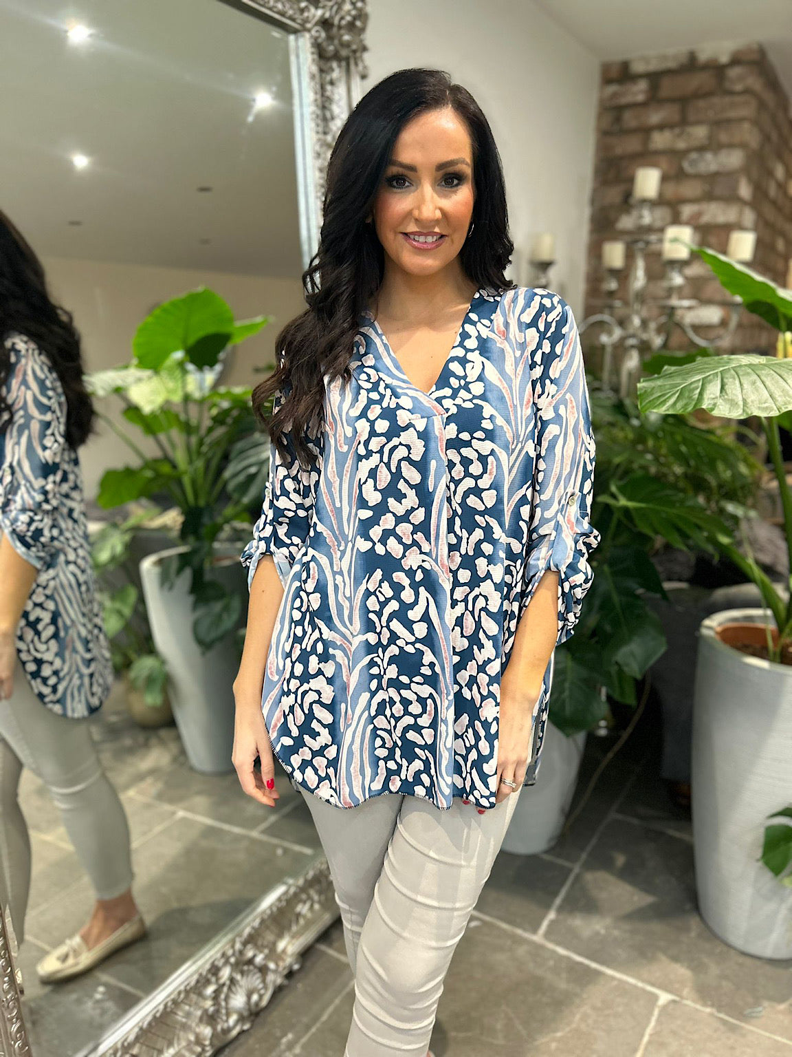 navy animal print blouse