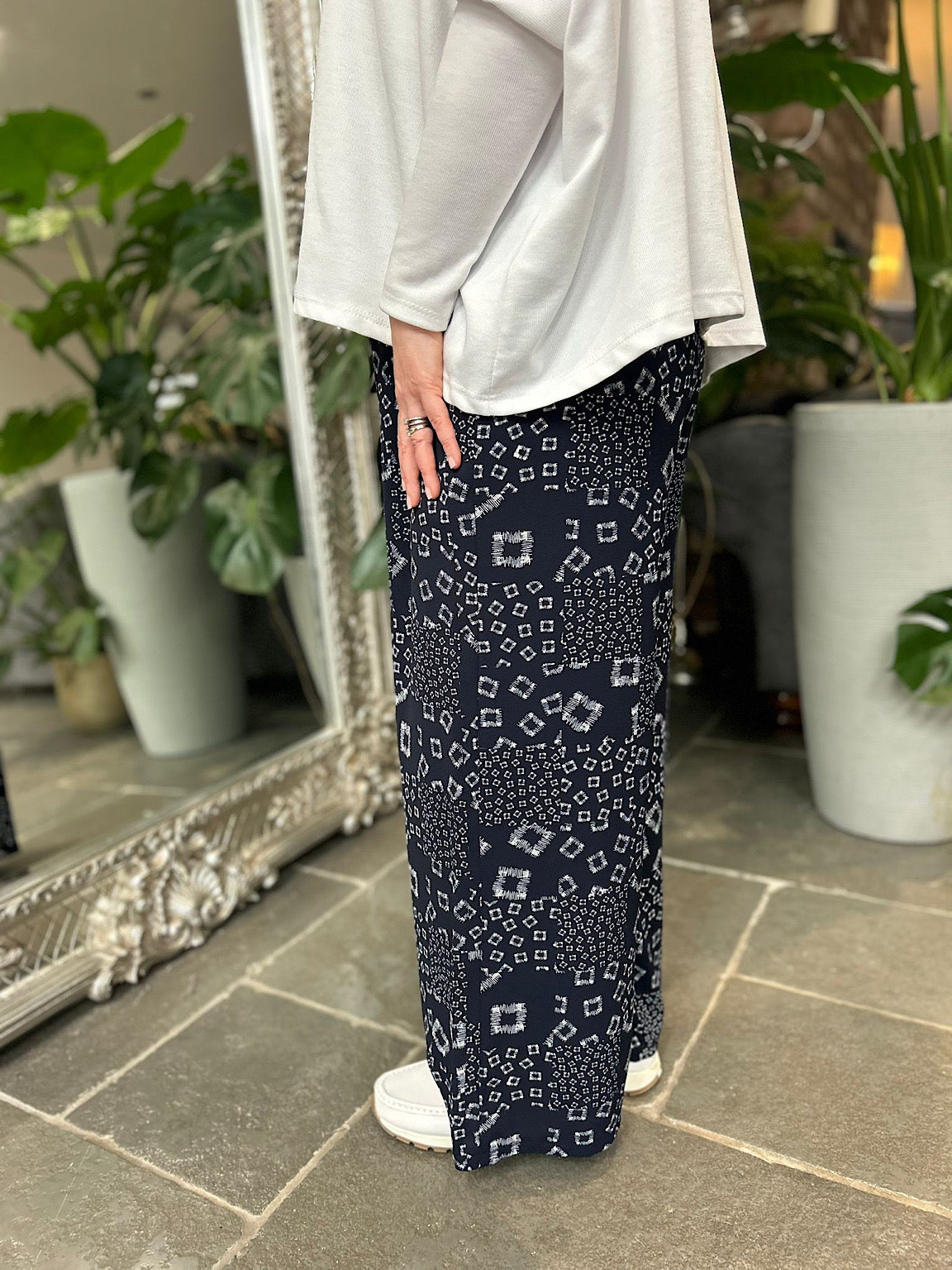 Navy Square Pattern Wide Leg Trousers