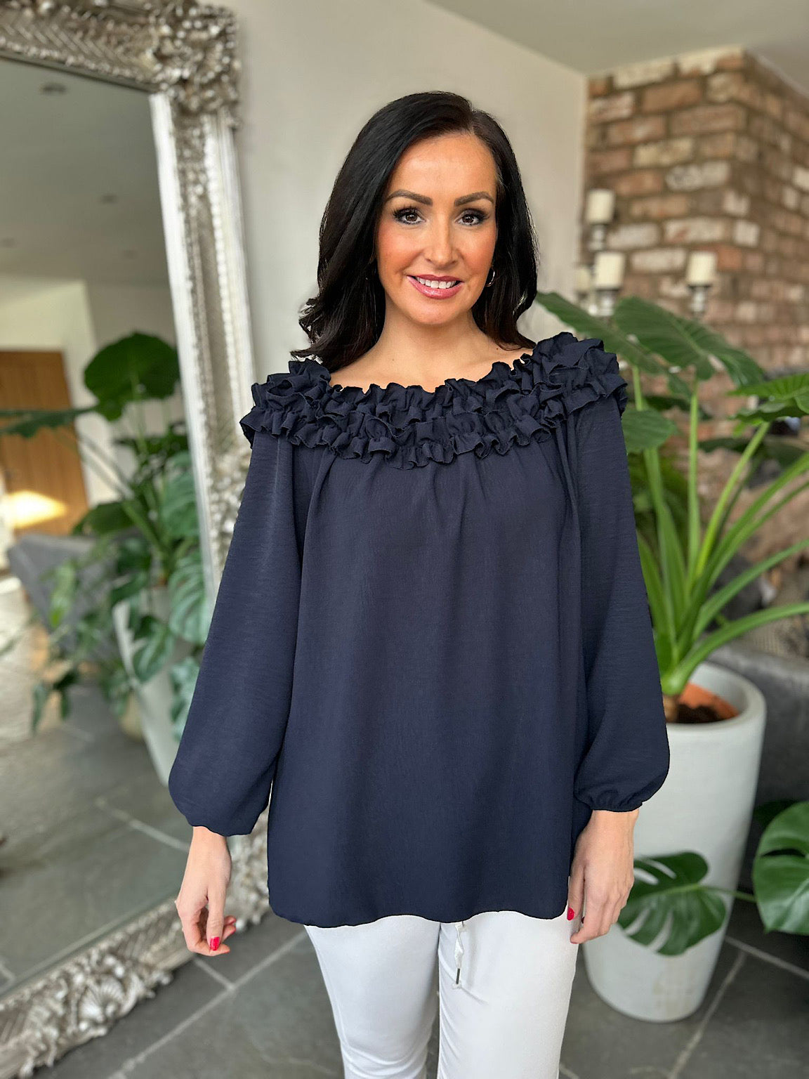 Navy Ruffle Bardot Top Heidi Tillett s