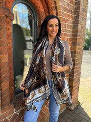 Black Elegant Multi Pattern Silk Blend Scarf