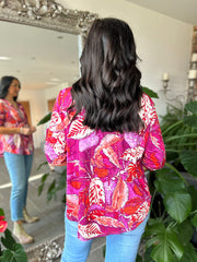 Grape Printed Leaf Button Sleeve Zip Top Cassie