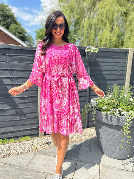 Lipstick Pink Paisley Flared Sleeve Dress Norma – Tillett's