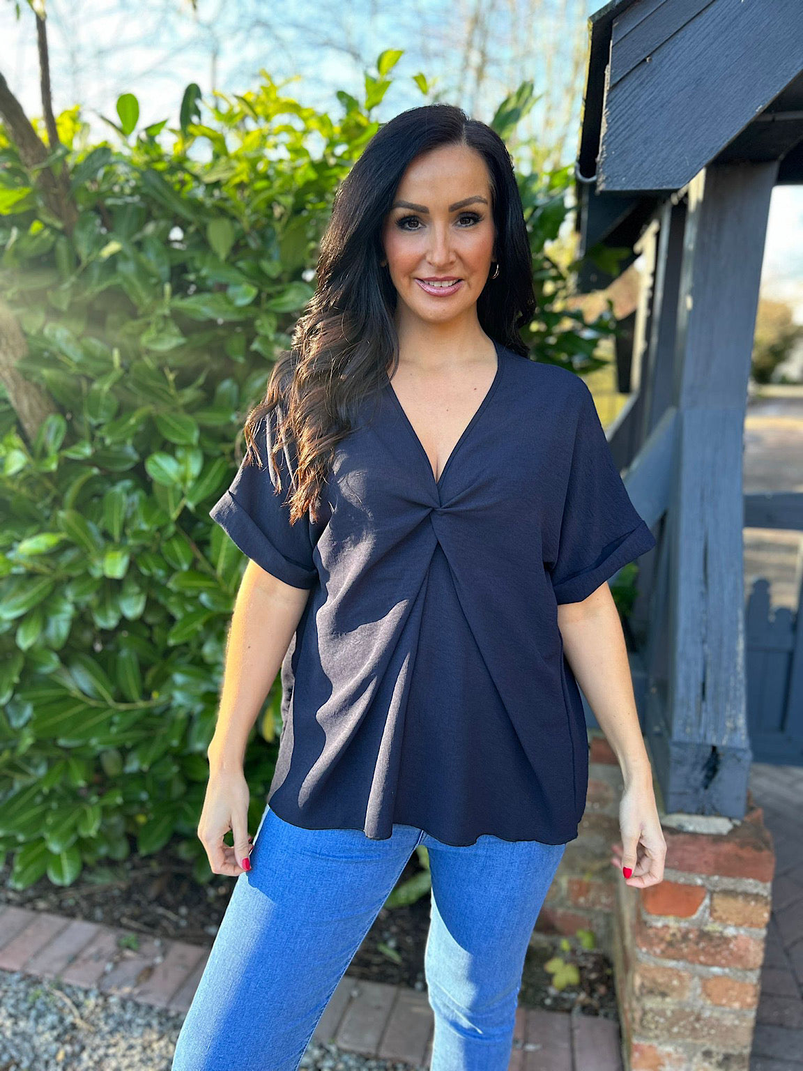 Navy Twist Front Crepe Blouse Elizabeth – Tillett's