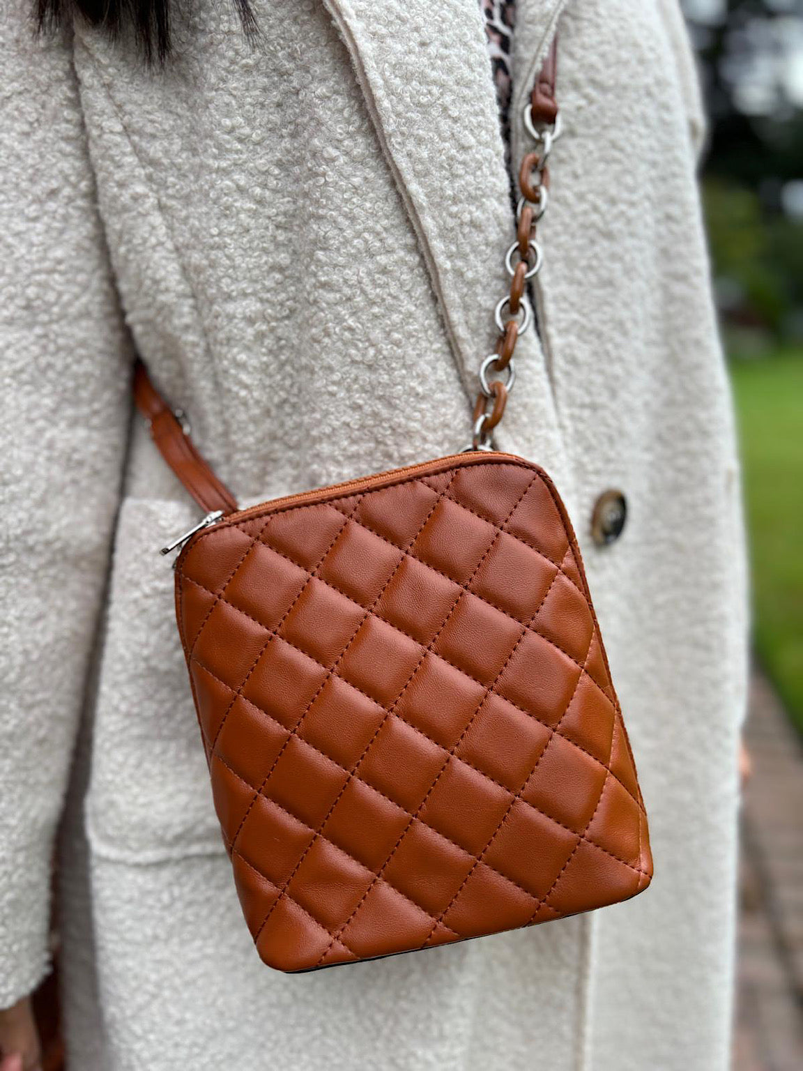 Tan Quilted Link Strap Bag