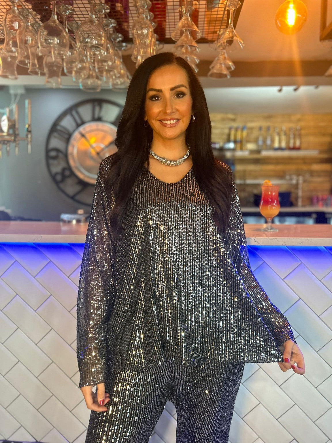 Silver Sequin V Neck Top Yasmin – Tillett's